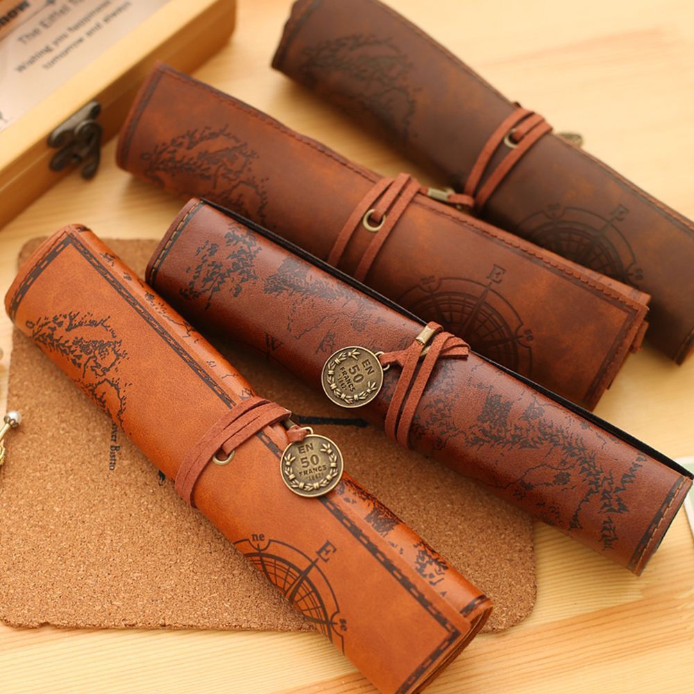 Pen Pouch Roll - กระเป๋าใส่ปากกาและเครื่องเขียนสไตล์วินเทจย้อนยุค สำหรับใส่ไปโรงเรียน กระเป๋าใส่เครื่องสำอาง กระเป๋าหนัง PU