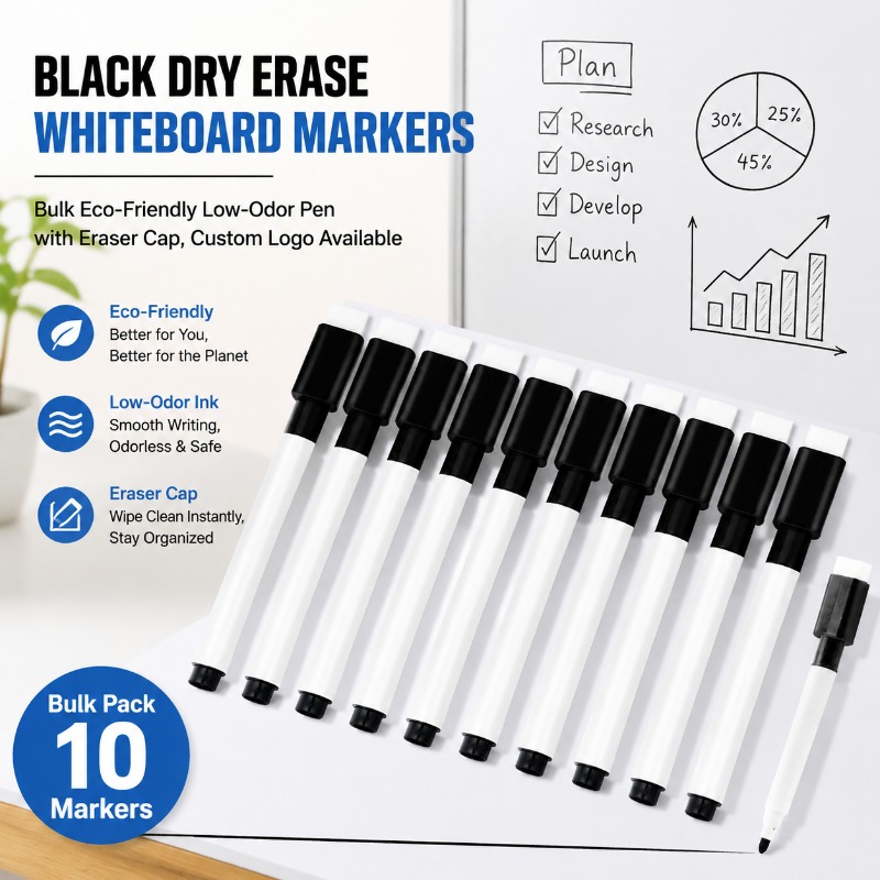 Whiteboard Marker Set - ปากกาไวท์บอร์ดสีดำแบบลบได้ ปากกาอีโคแบบใช้น้ำ ดีไซน์แม่เหล็ก พร้อมแปรงในตัว เขียนลื่น ใช้งานได้ในสำนักงาน